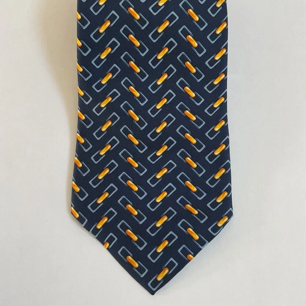 VTG Gucci Silk Tie Chain Link Geometric Navy Blue Orange Italy Luxury Classic